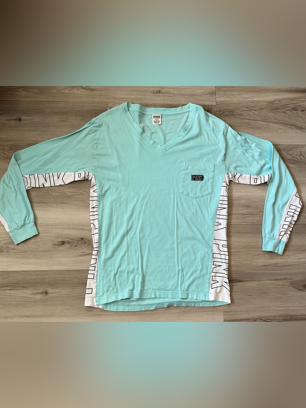 Women’s Pink Victoria Secret Oversized Teal Long Sleeve Tee Shirt W/ Pocket